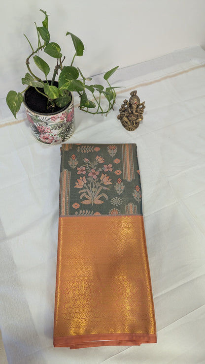 Green & Peach Brocade Semi Kanchi Saree