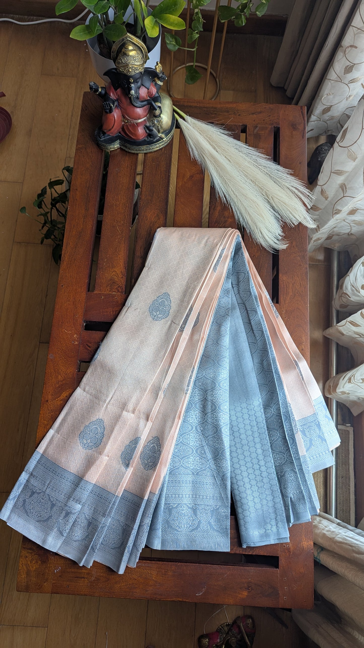 Peach & Grey Fancy Silk Saree