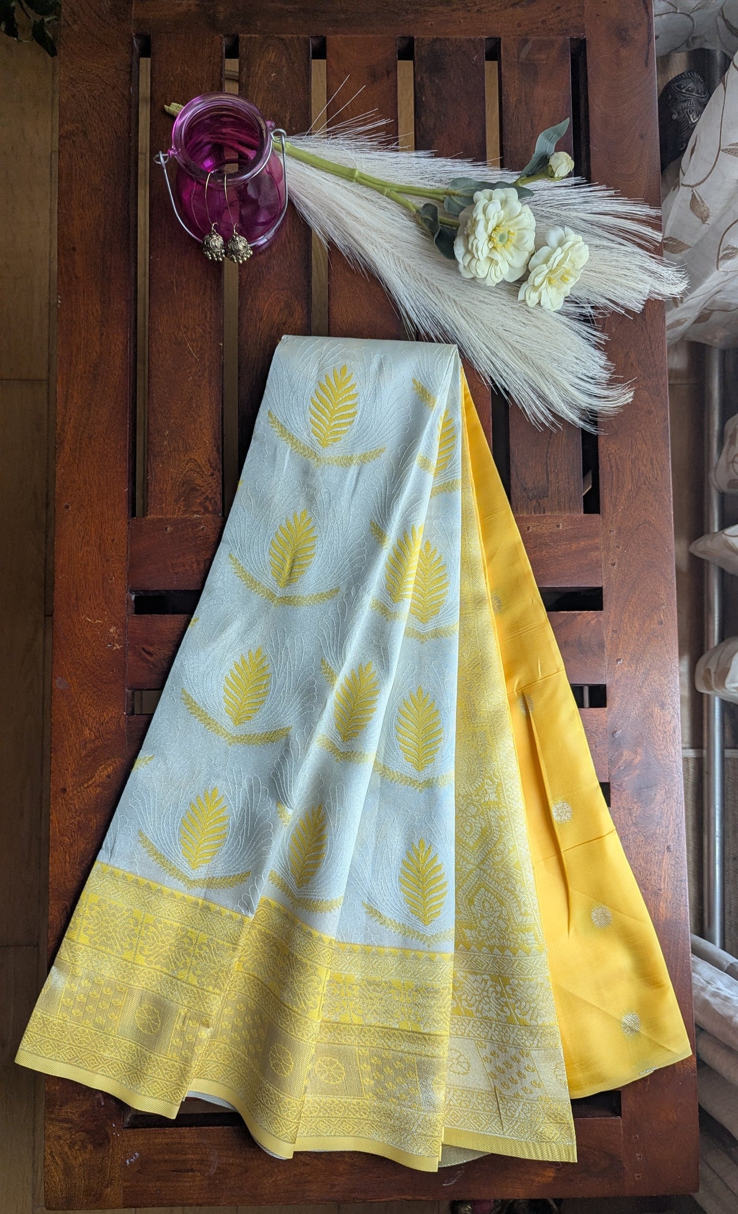 Cream & Yellow Fancy Silk Saree