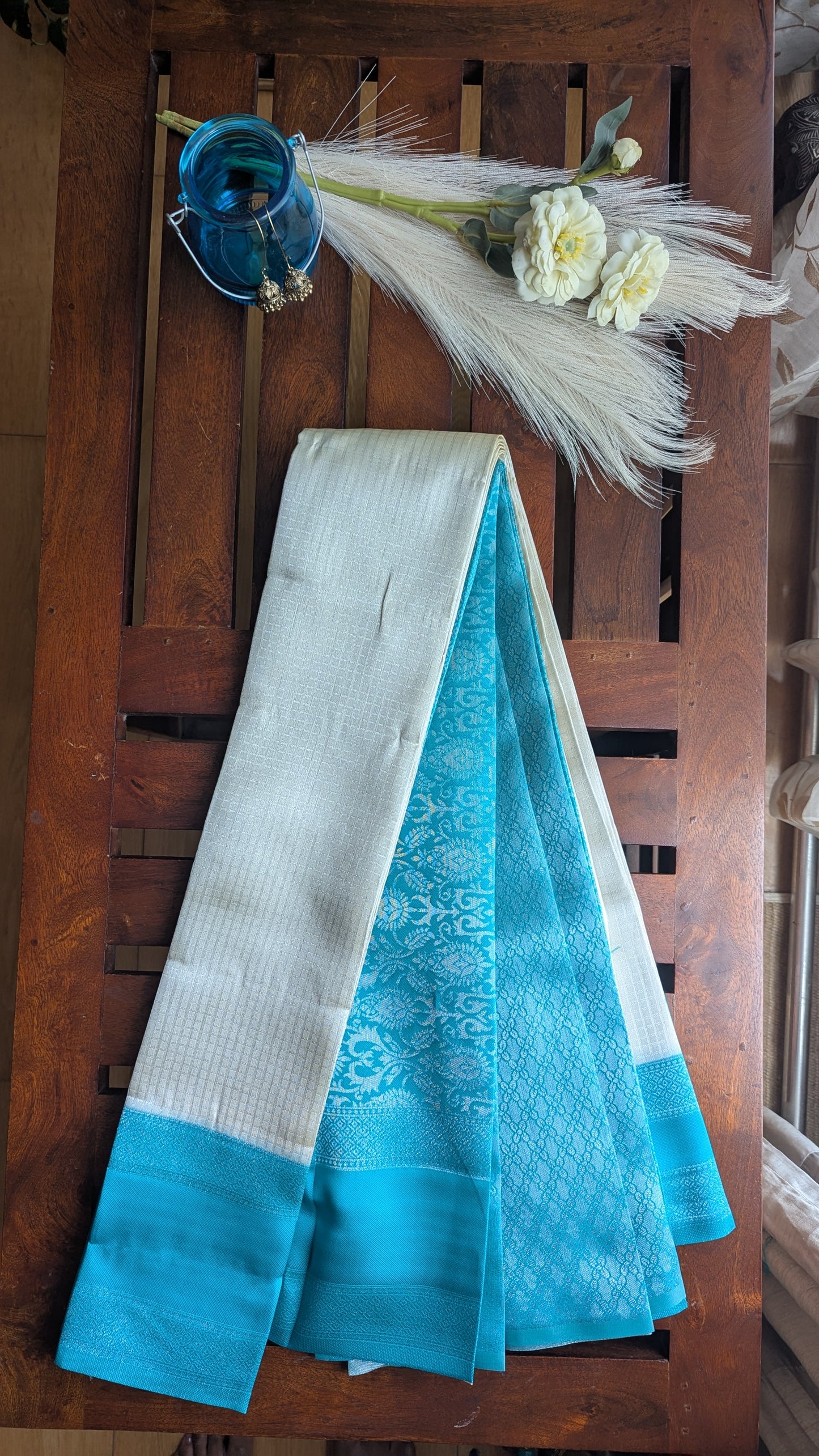 White & Blue Fancy Silk Saree