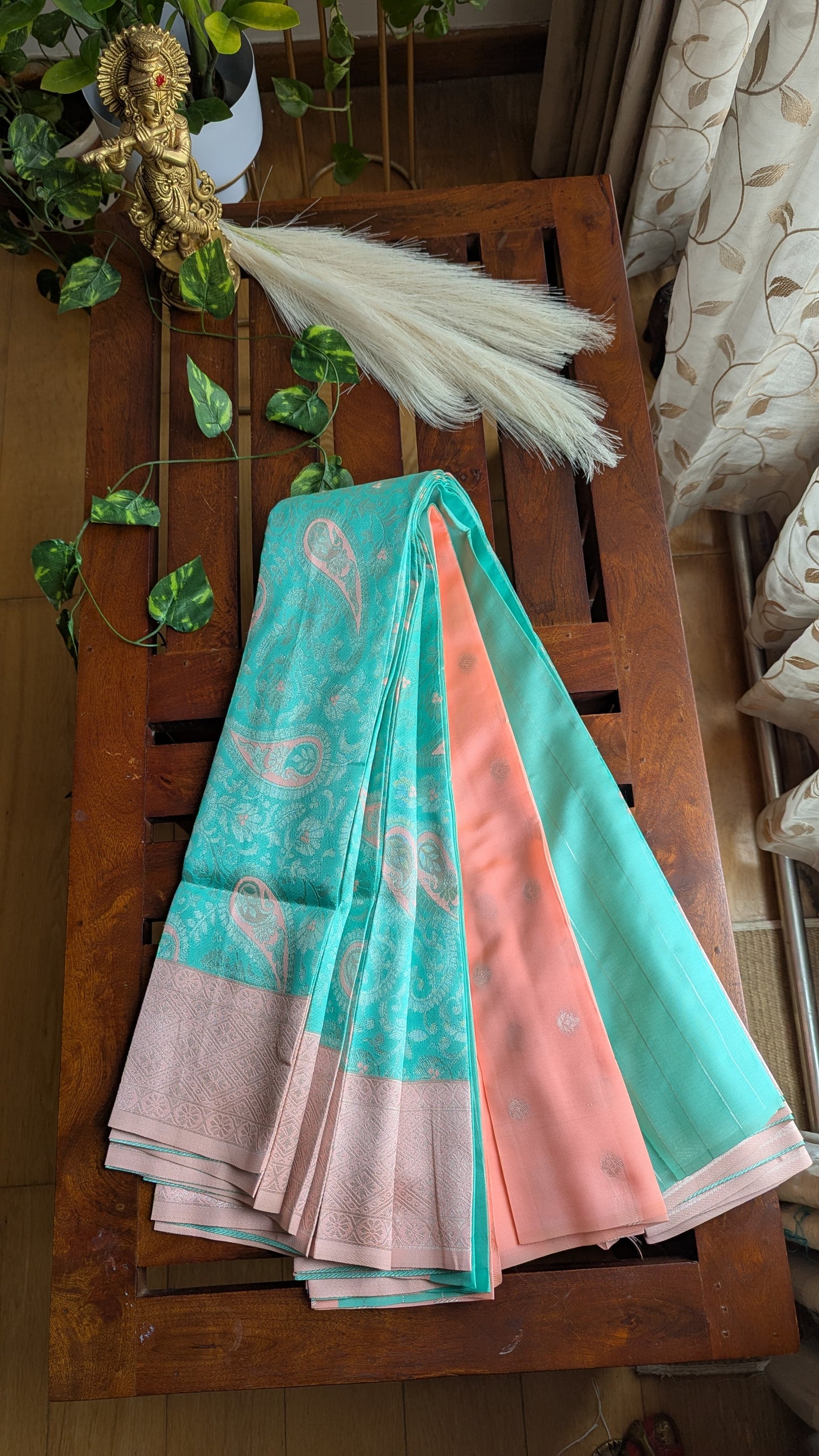 Green & Peach Fancy Silk Saree