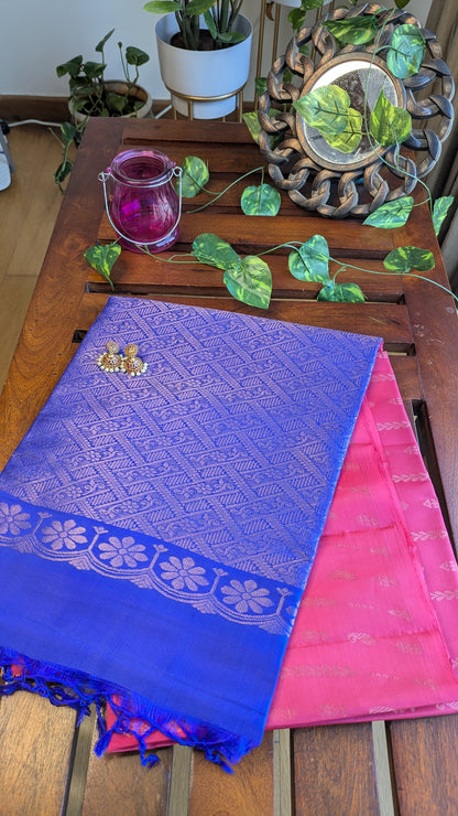 Pink & Blue Pure Soft Silk Saree