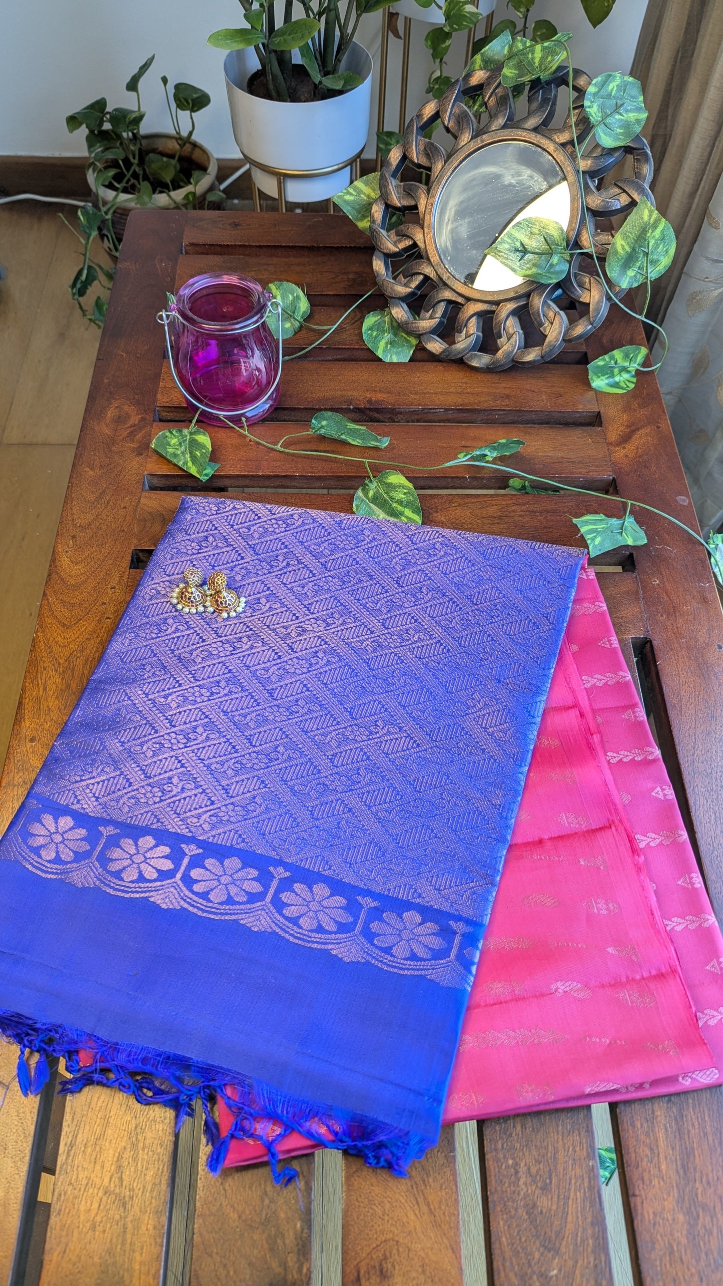 Pink & Blue Pure Soft Silk Saree