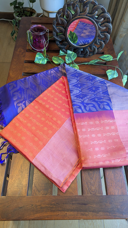 Orange & Blue Pure Soft Silk Saree