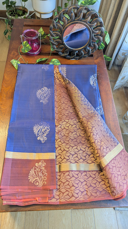 Blue & Brown Pure Soft Silk Saree