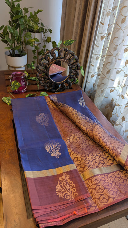 Blue & Brown Pure Soft Silk Saree