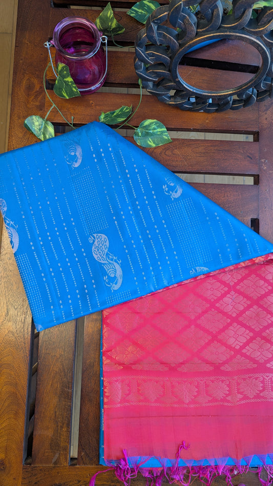 Blue & Pink Pure Soft Silk Saree