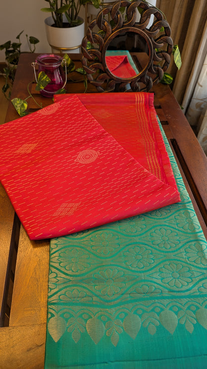 Red & Green Pure Soft Silk Saree