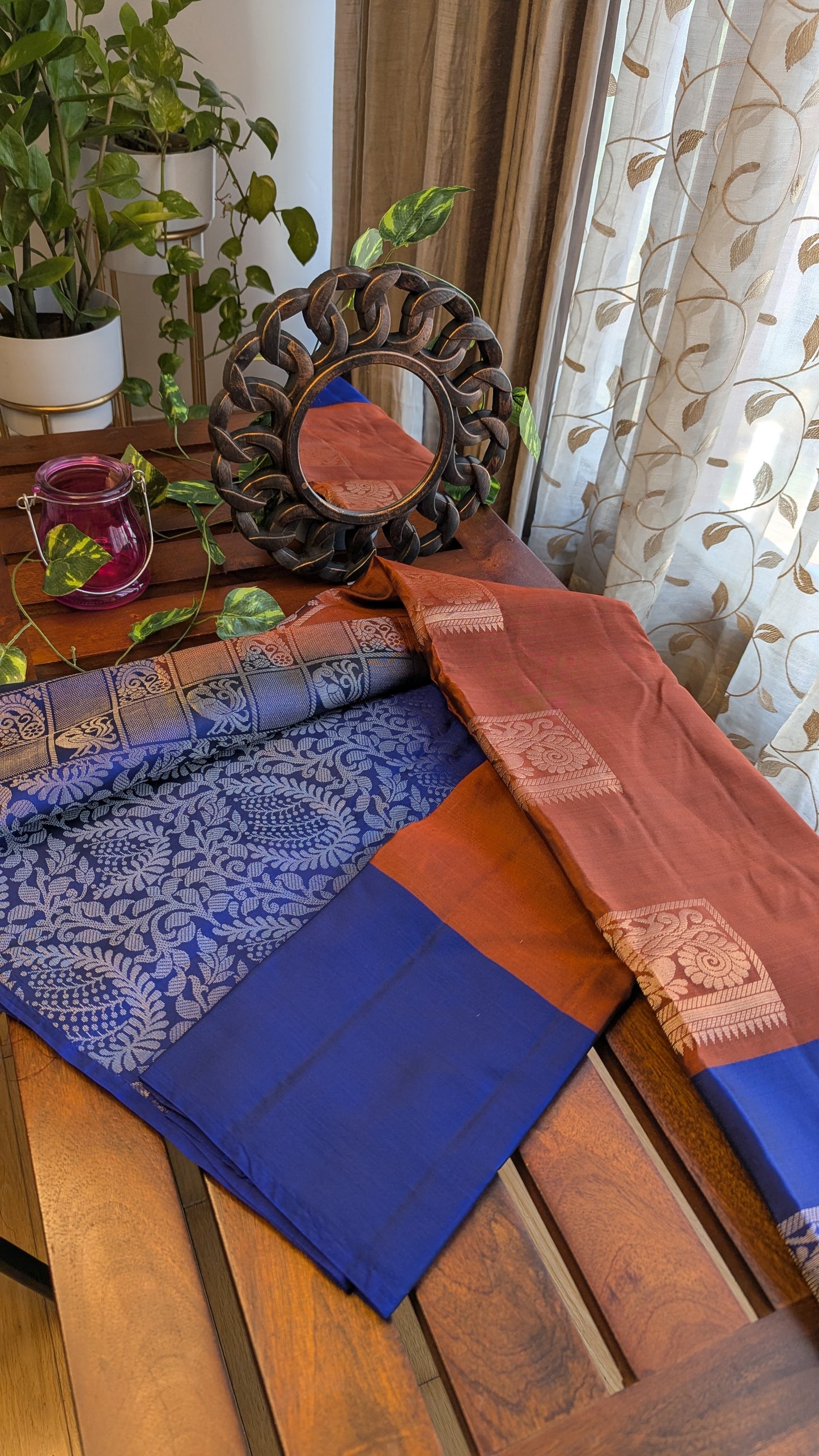 Brown & Blue Pure Soft Silk Saree