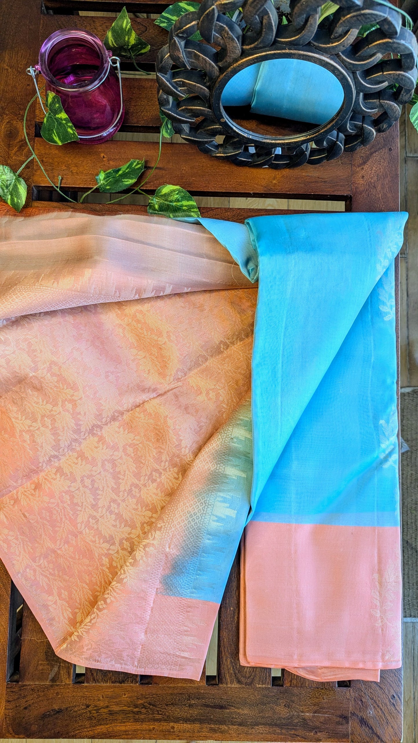 Light Blue n Peach Pure Soft Silk Saree