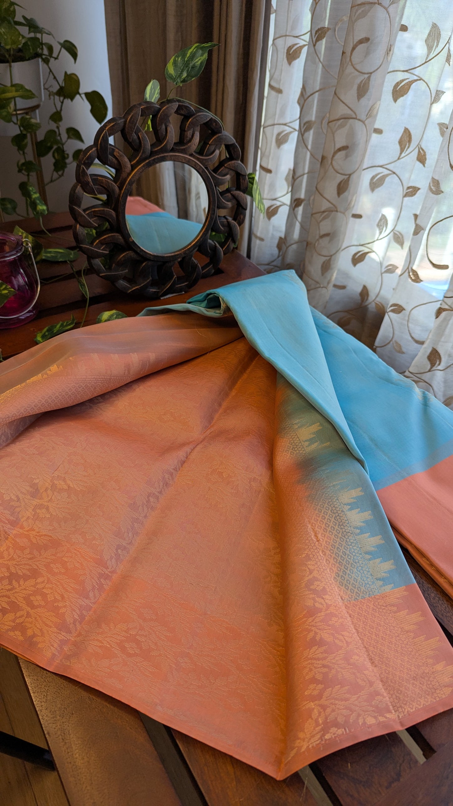 Light Blue n Peach Pure Soft Silk Saree