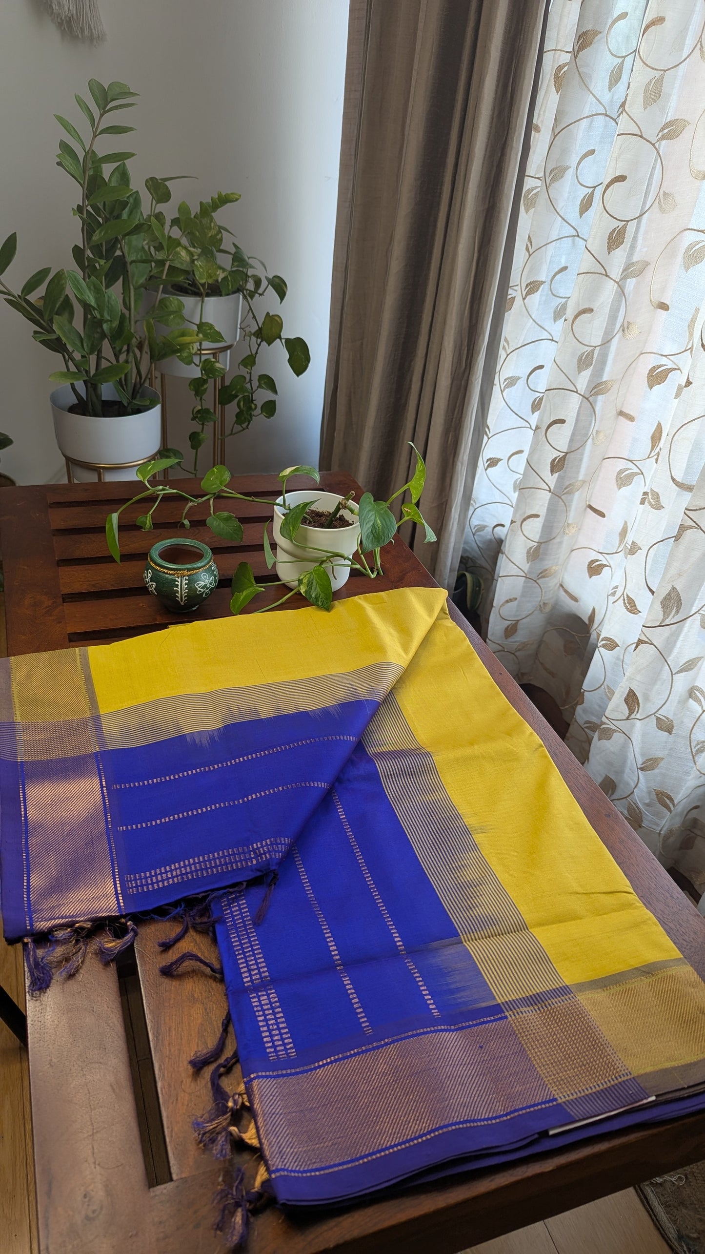 Yellow & Blue Pure Silk Cotton Saree