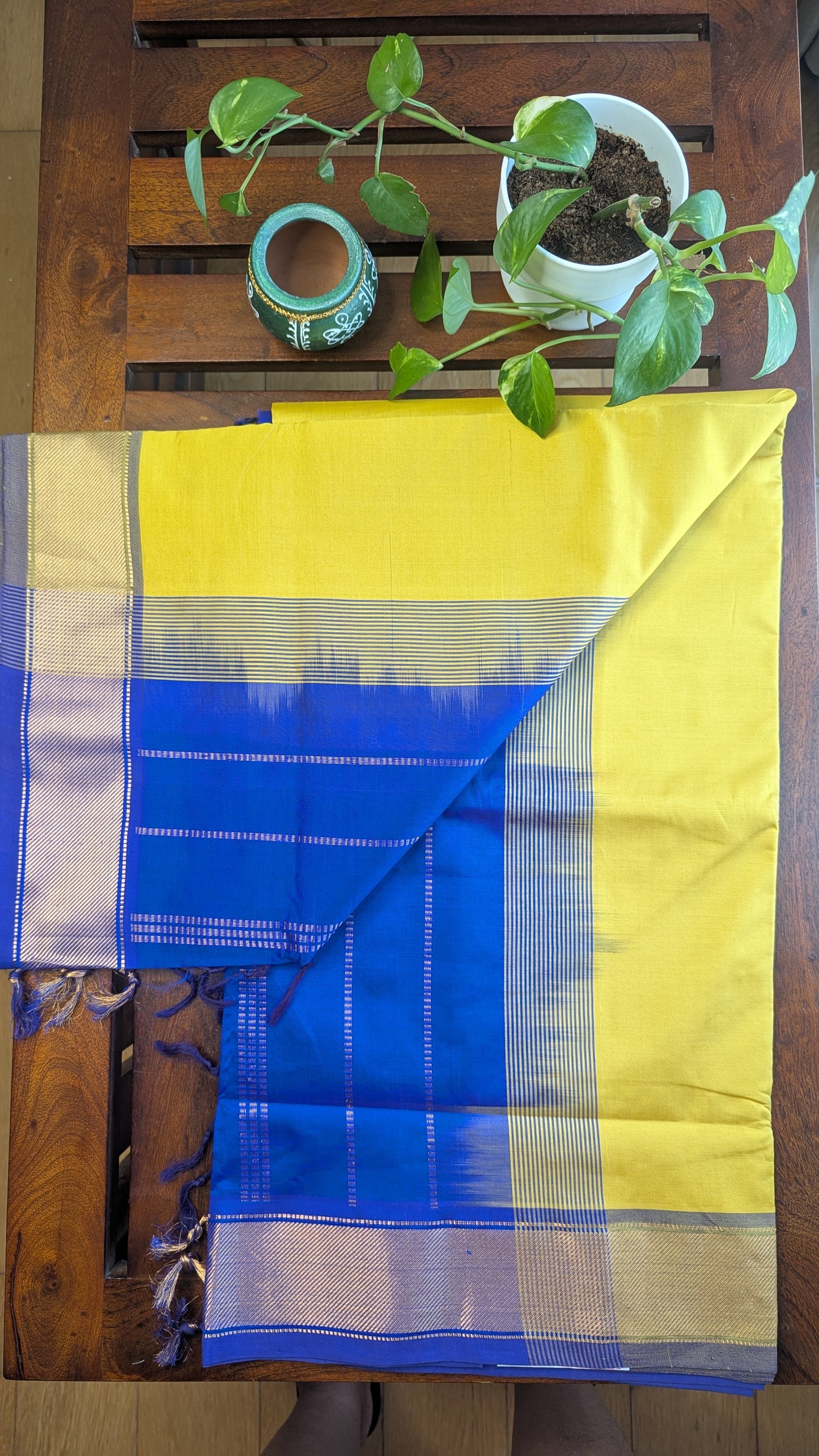 Yellow & Blue Pure Silk Cotton Saree