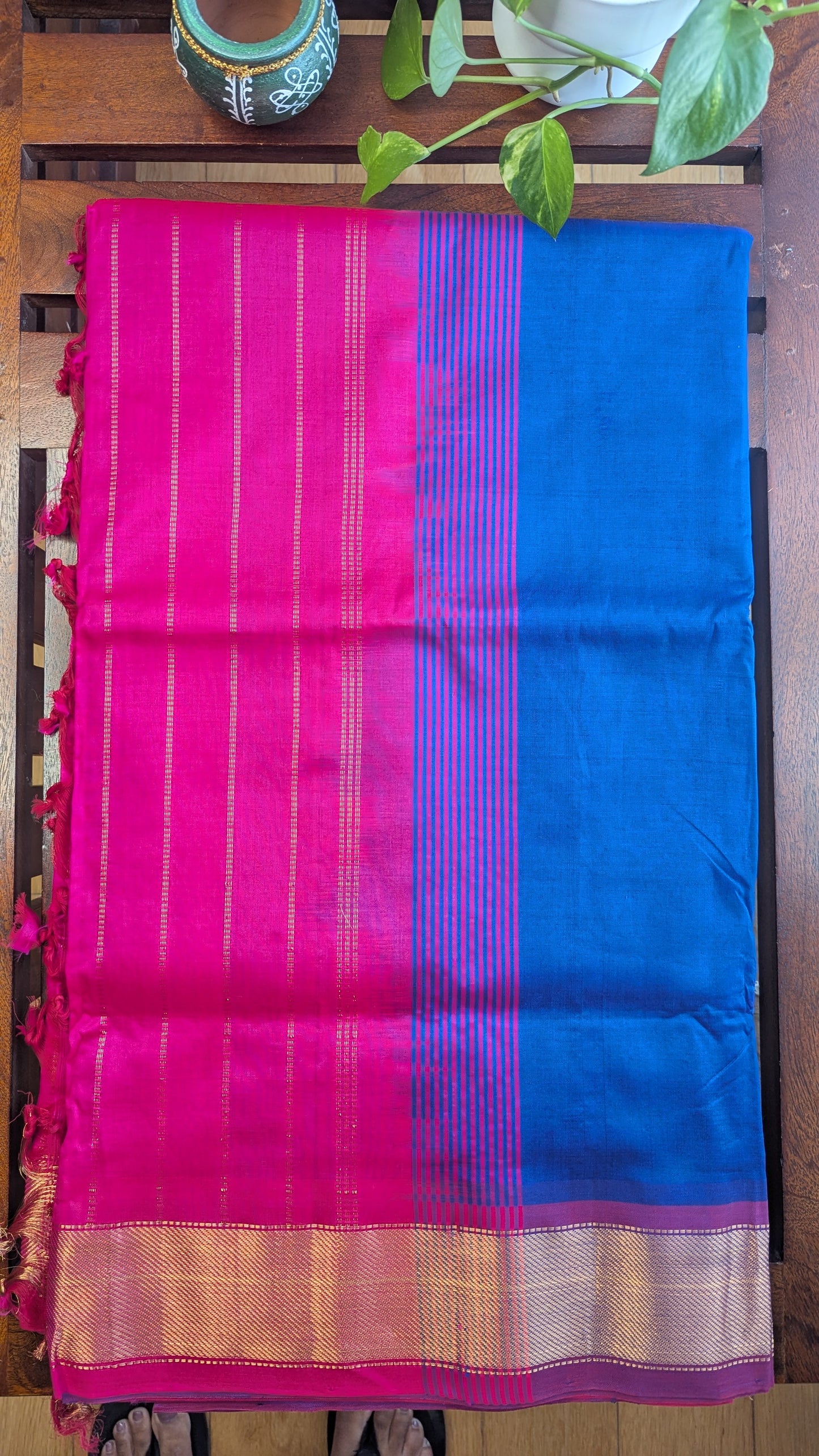 Blue & Rani Pink Pure Silk Cotton Saree