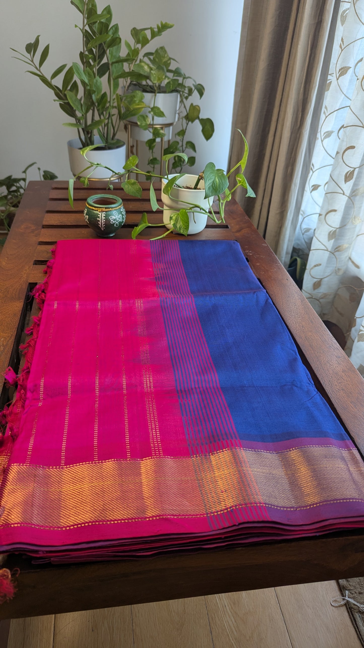 Blue & Rani Pink Pure Silk Cotton Saree