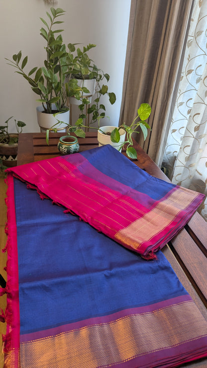 Blue & Rani Pink Pure Silk Cotton Saree