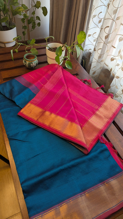 Peacock Blue & Pink Pure Silk Cotton Saree