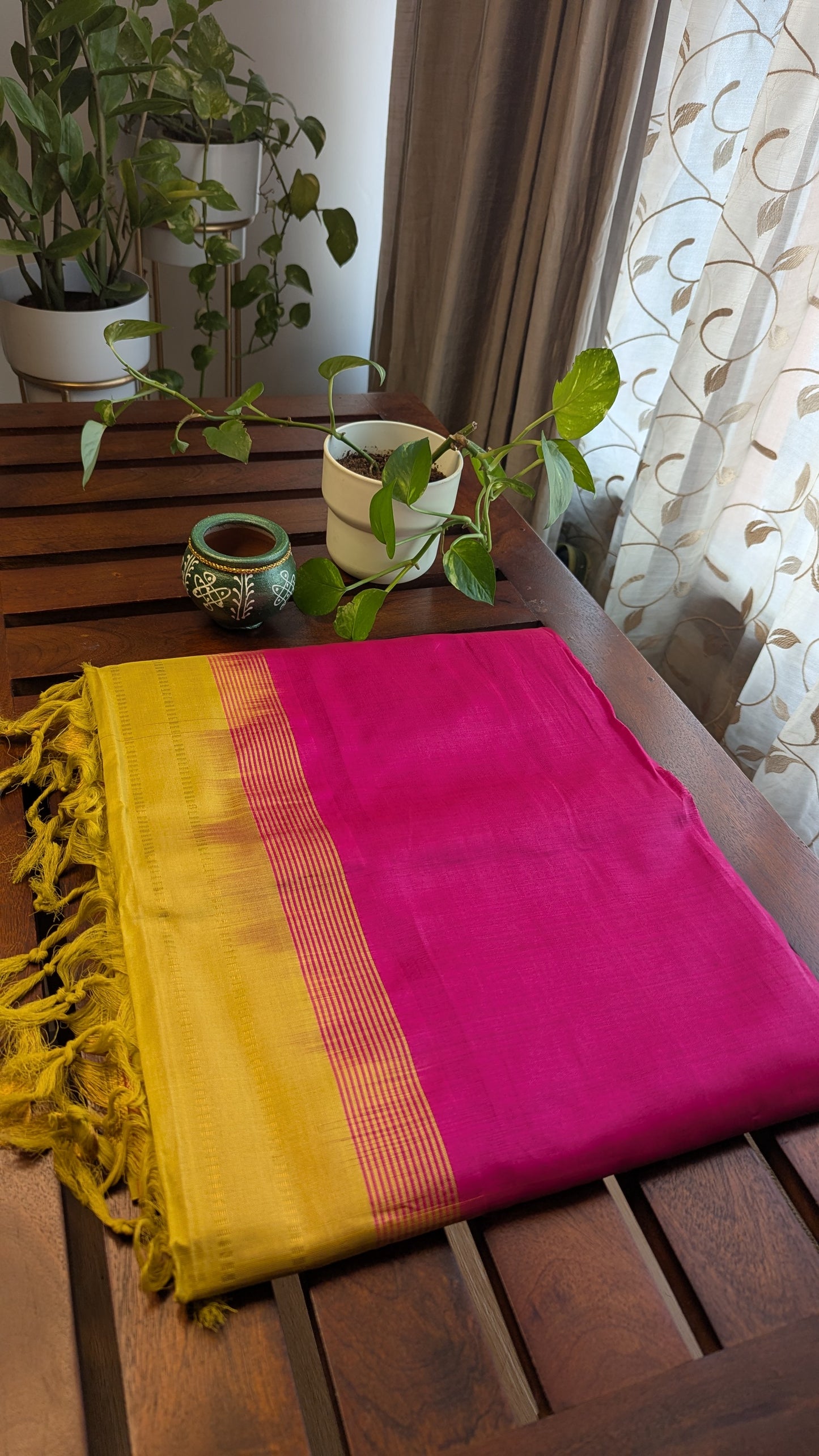 Rani Pink & Yellow Pure Silk Cotton Saree