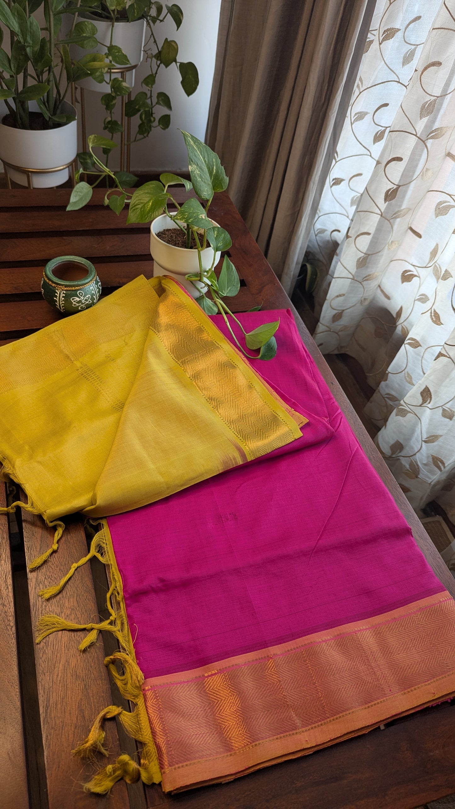 Rani Pink & Yellow Pure Silk Cotton Saree