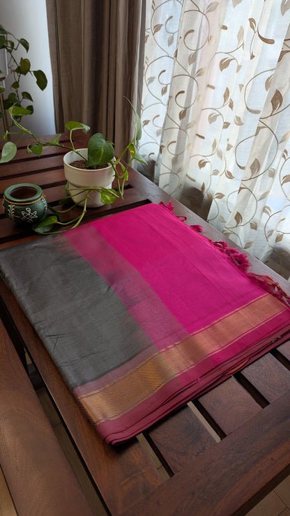 Grey & Pink Pure Silk Cotton Saree