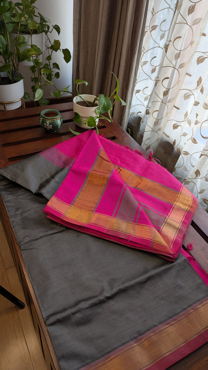 Grey & Pink Pure Silk Cotton Saree