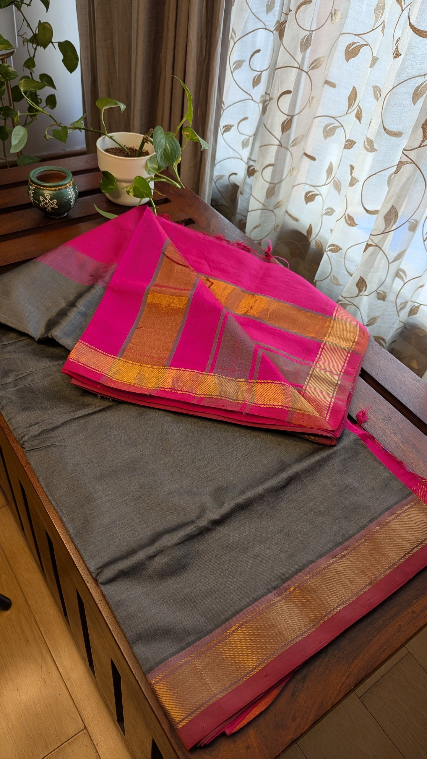 Grey & Pink Pure Silk Cotton Saree