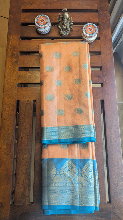 Orange and Blue Tissue Semi Silk Saree