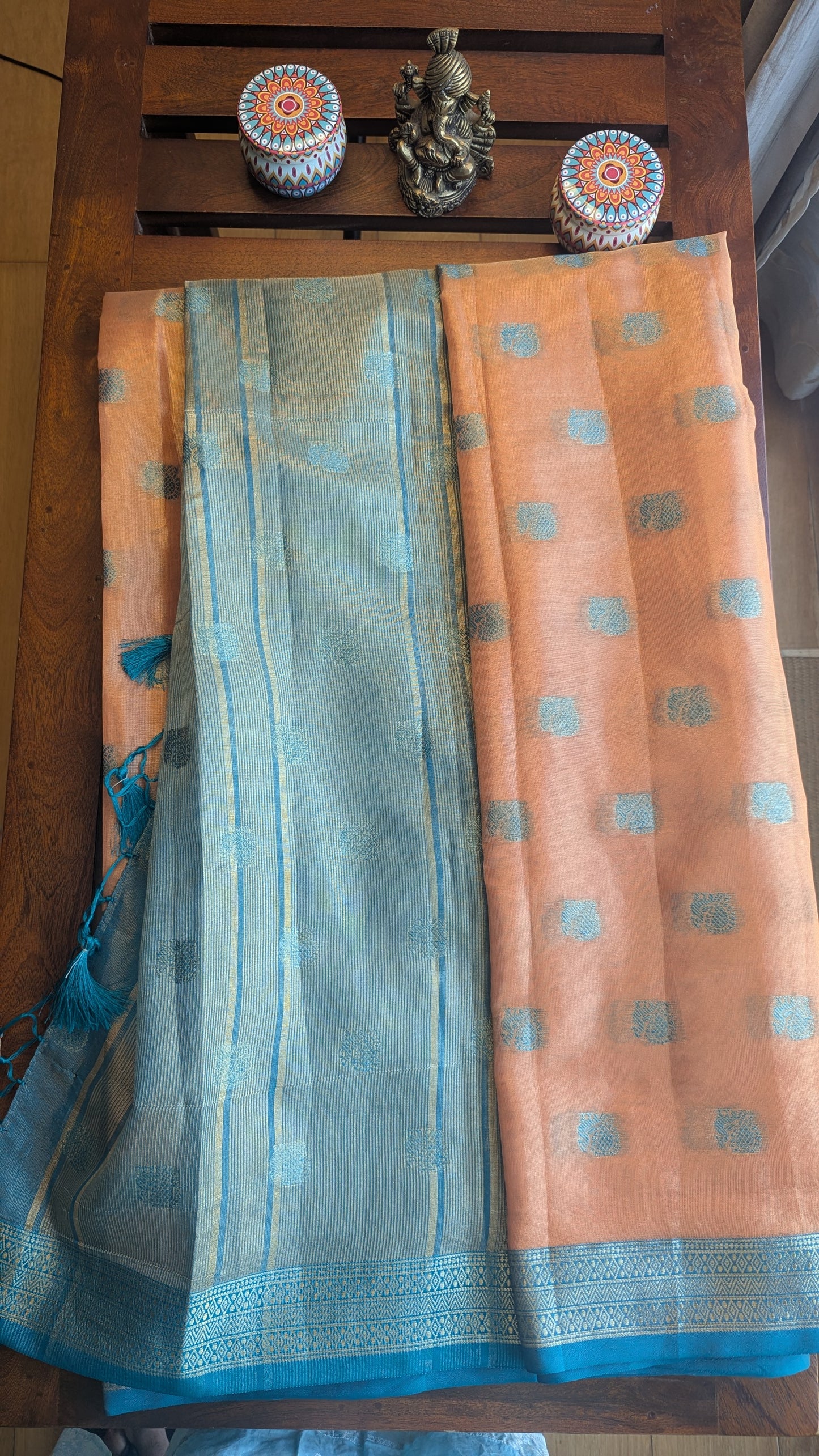 Orange and Blue Tissue Semi Silk Saree