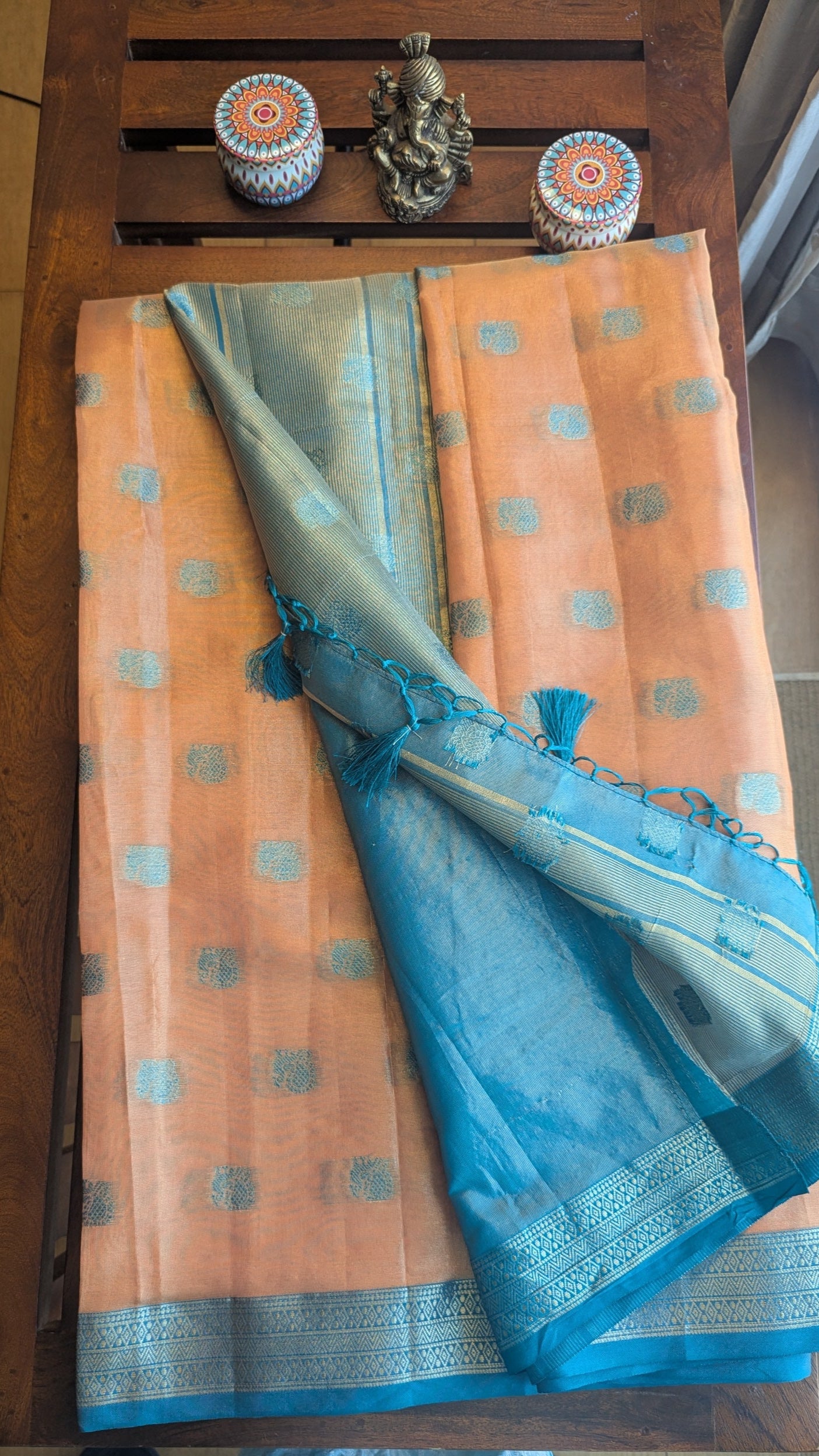 Orange and Blue Tissue Semi Silk Saree