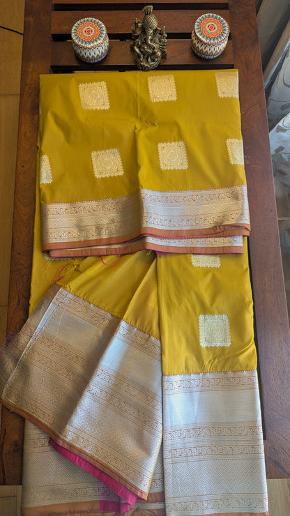 Mustard Silver Jari Semi Kanchi Silk Saree