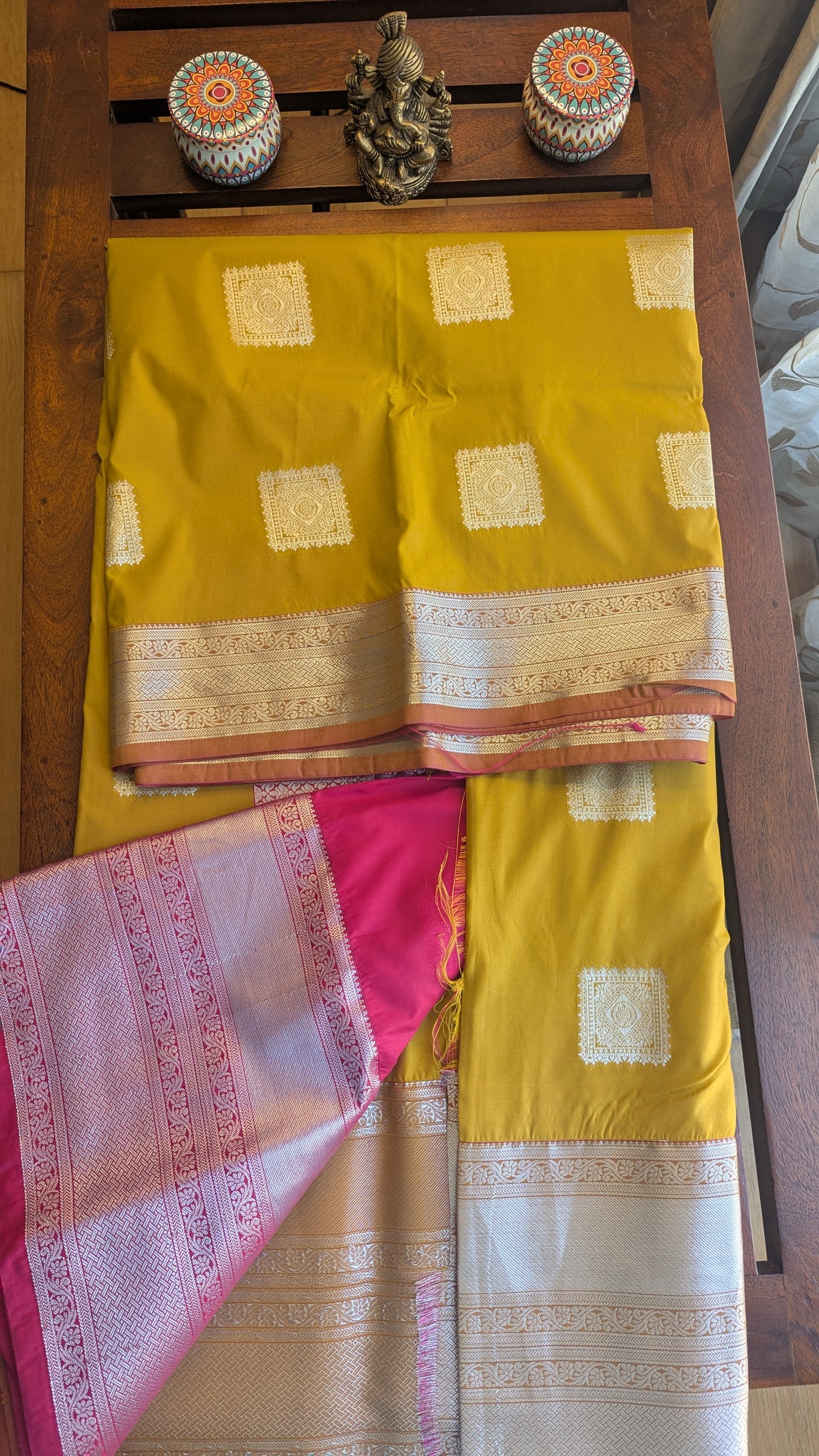 Mustard Silver Jari Semi Kanchi Silk Saree