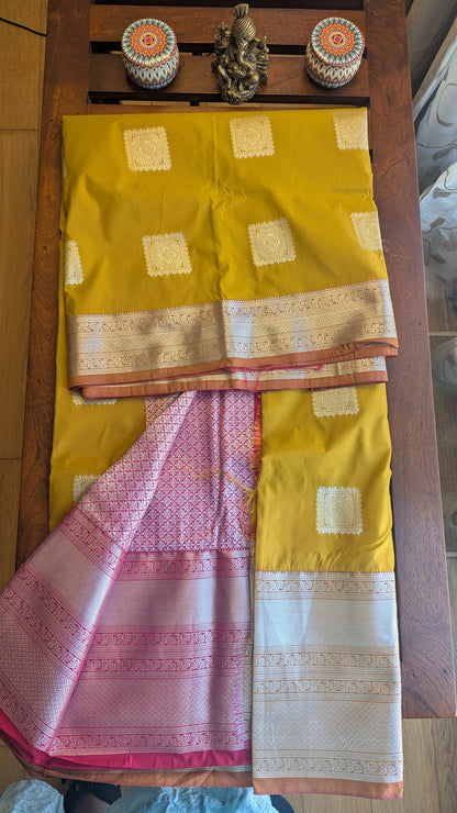 Mustard Silver Jari Semi Kanchi Silk Saree