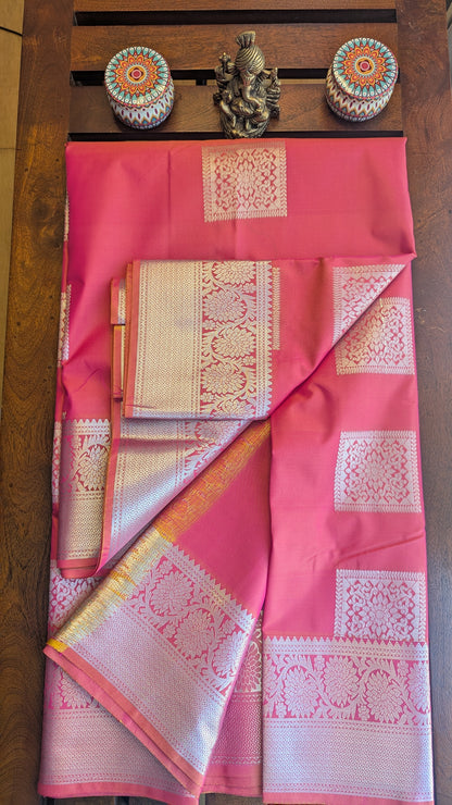 Pink Silver Jari Semi Kanchi Silk Saree