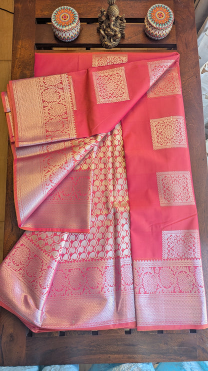 Pink Silver Jari Semi Kanchi Silk Saree