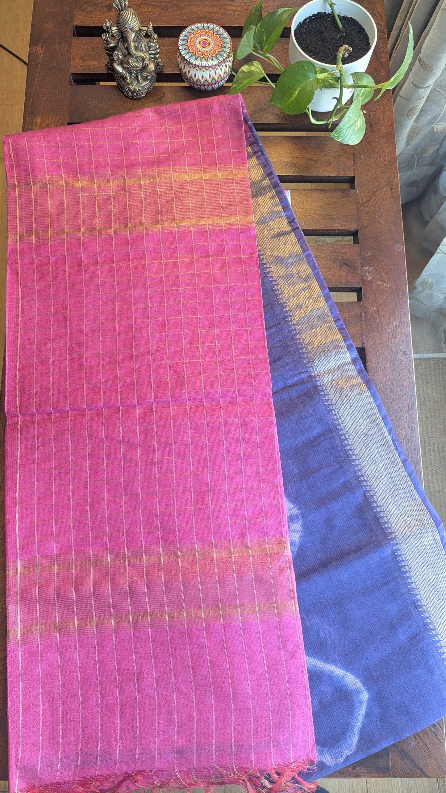 Blue & Pink Semi Jute silk Saree