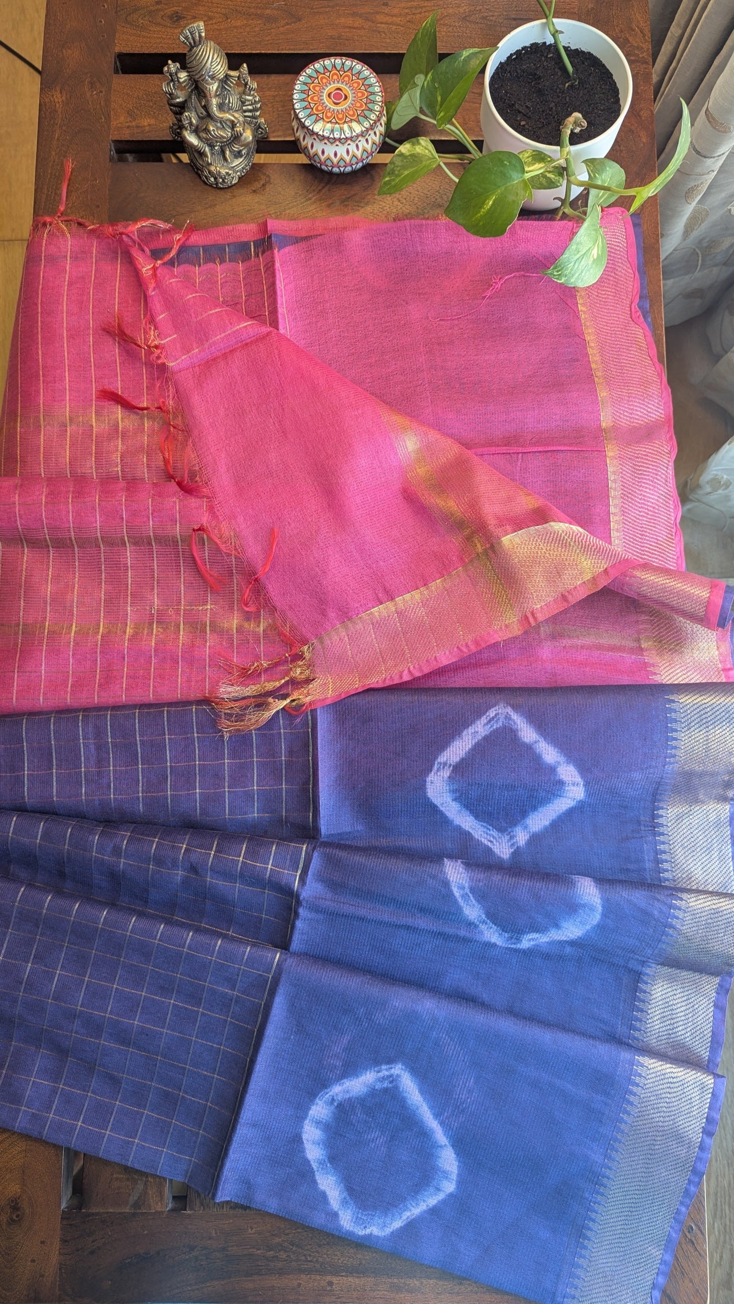 Blue & Pink Semi Jute silk Saree