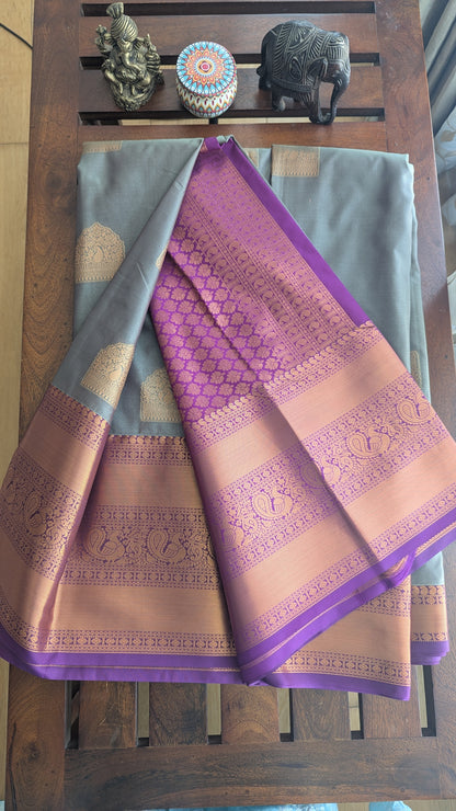 Grey & Magenta Semi Kanchi Silk Saree