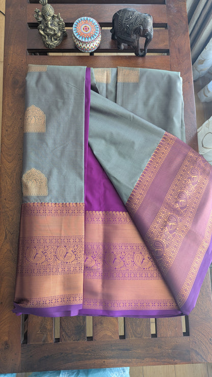 Grey & Magenta Semi Kanchi Silk Saree