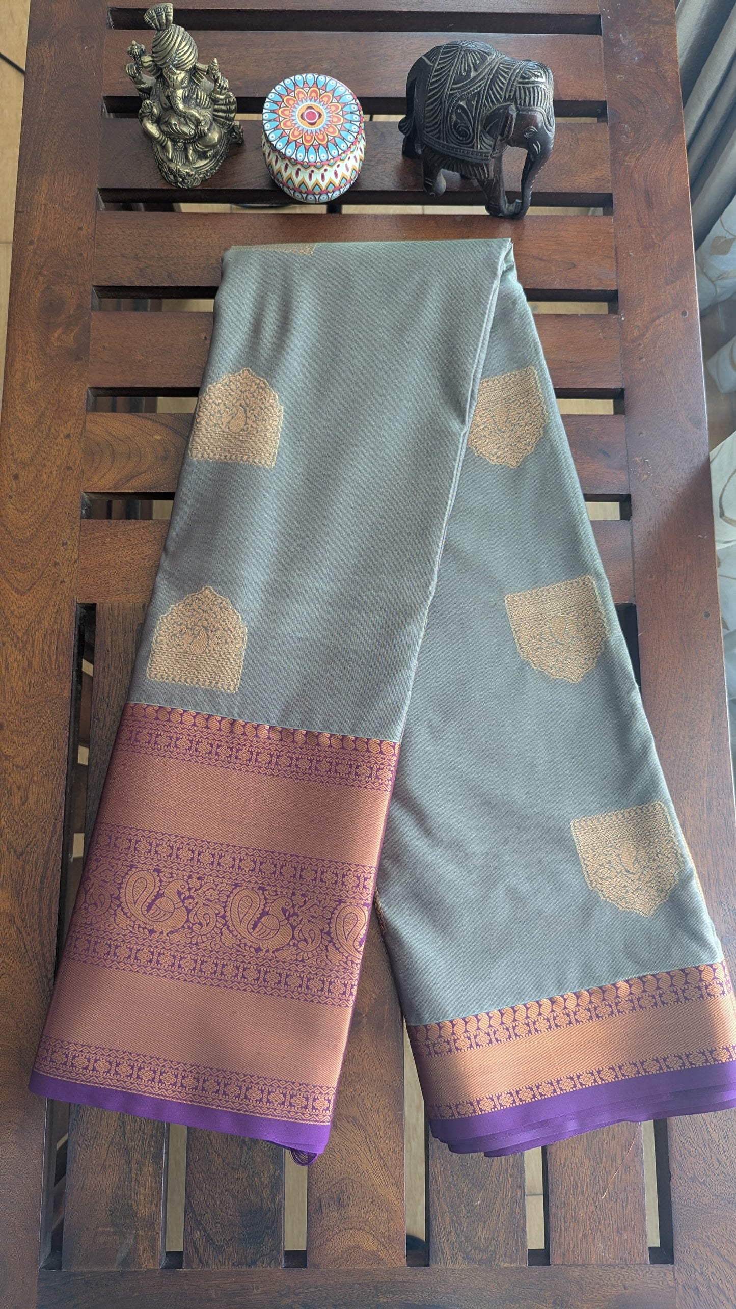 Grey & Magenta Semi Kanchi Silk Saree