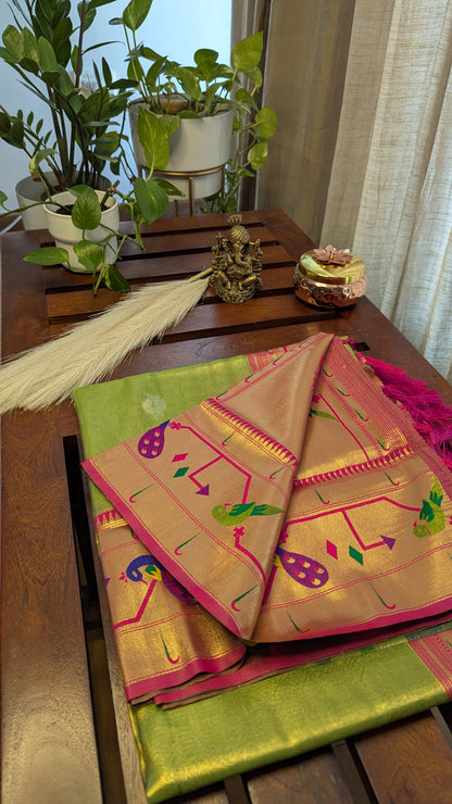 Maharani Parrot Green Paithani Tissue Saree