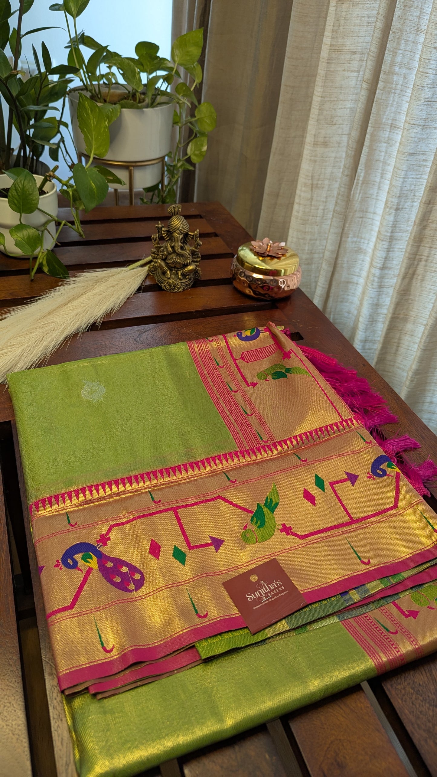 Maharani Parrot Green Paithani Tissue Saree