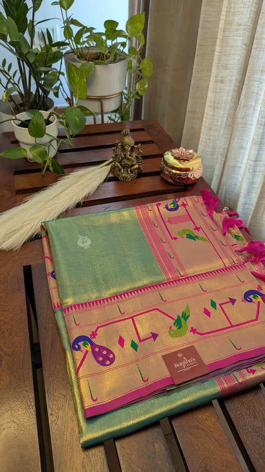 Maharani Light Green Paithani Tissue Saree