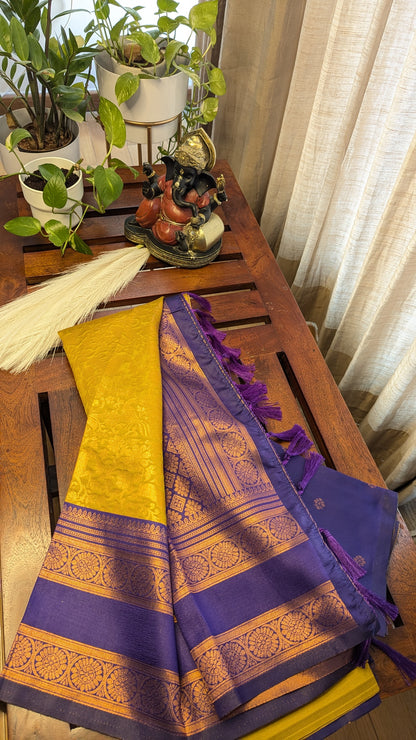 Mustard and Purple Semi Silk Saree