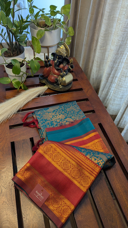 Peacock Green and Red Semi Silk Saree