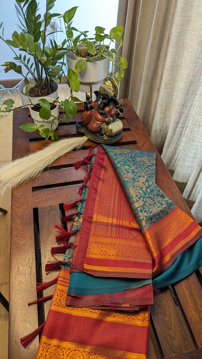 Peacock Green and Red Semi Silk Saree