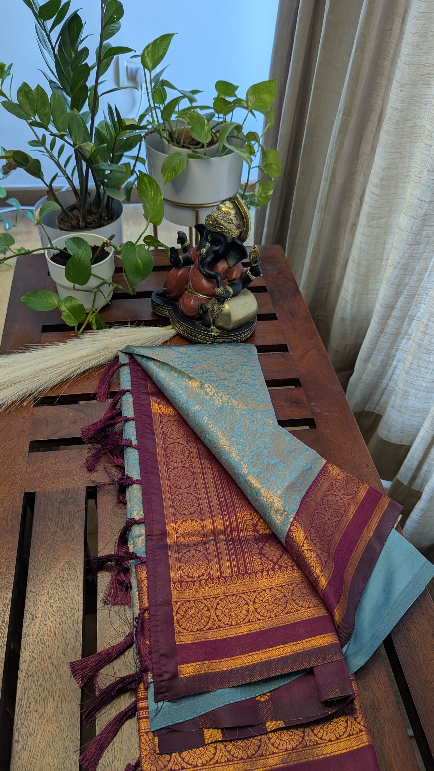 Pastel Green and Maroon Semi Silk Saree