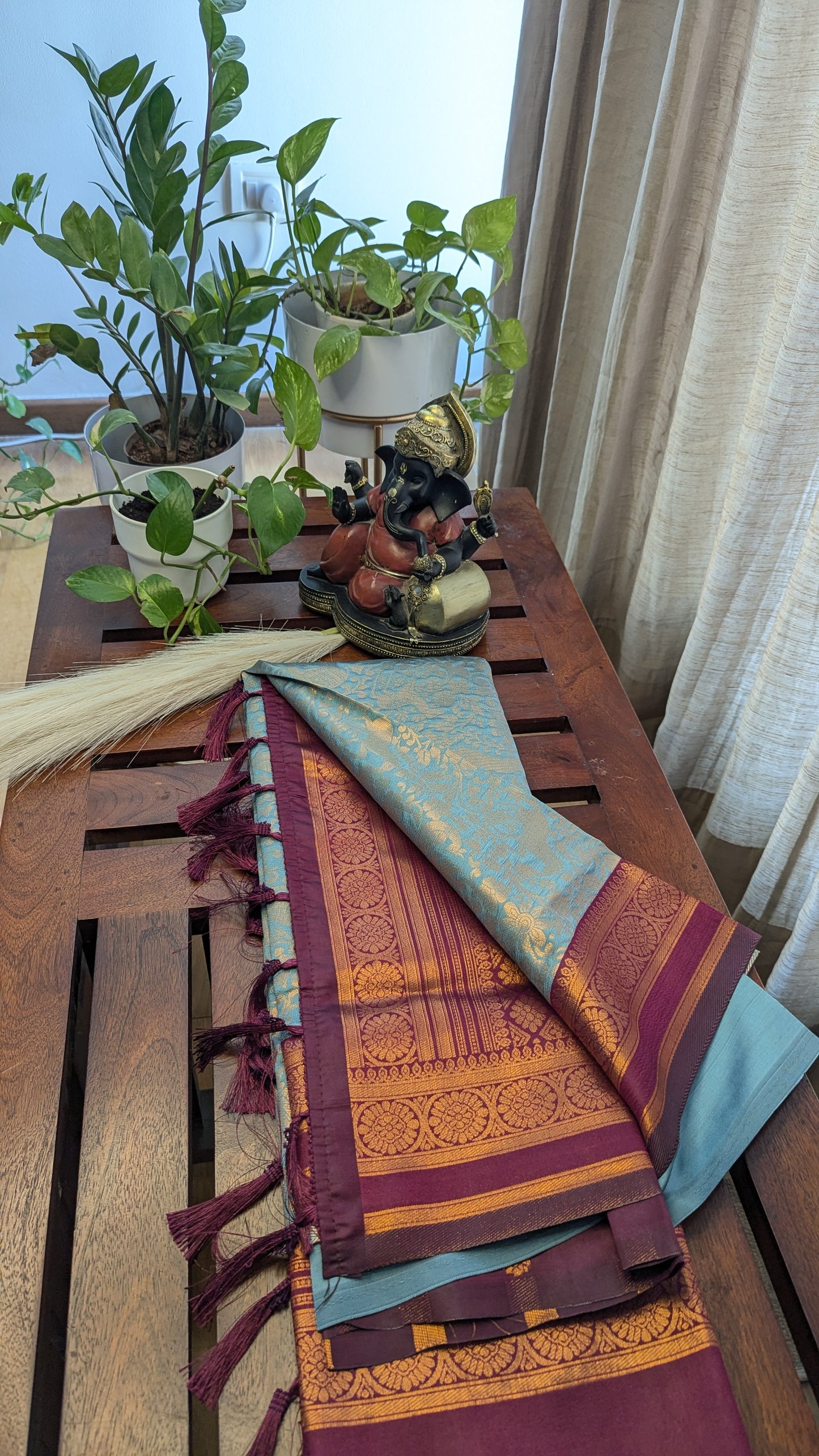 Pastel Green and Maroon Semi Silk Saree