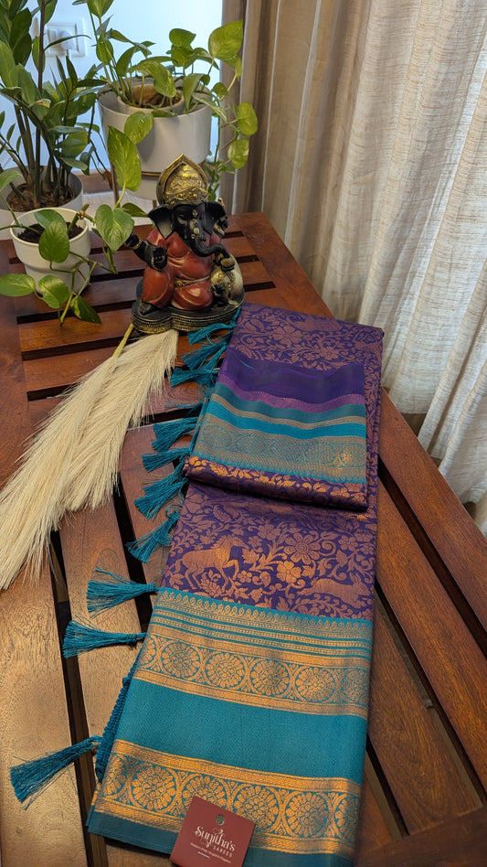 Purple and Peacock Blue Semi Silk Saree