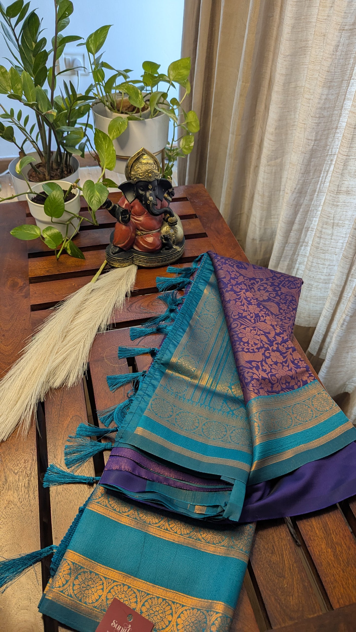 Purple and Peacock Blue Semi Silk Saree