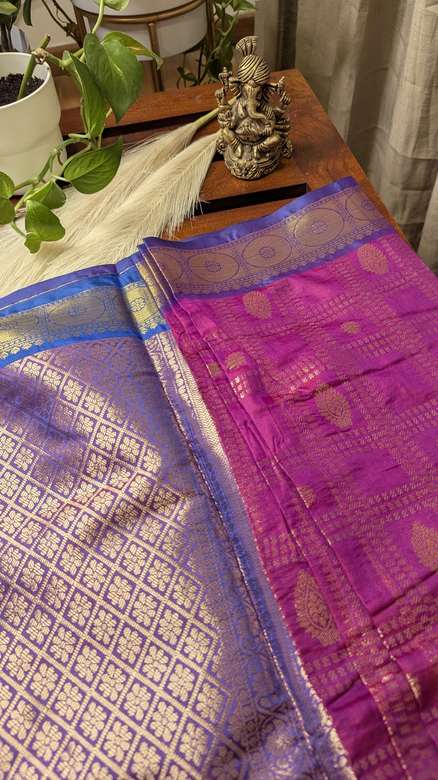 Rani Pink and Blue Semi Silk Saree